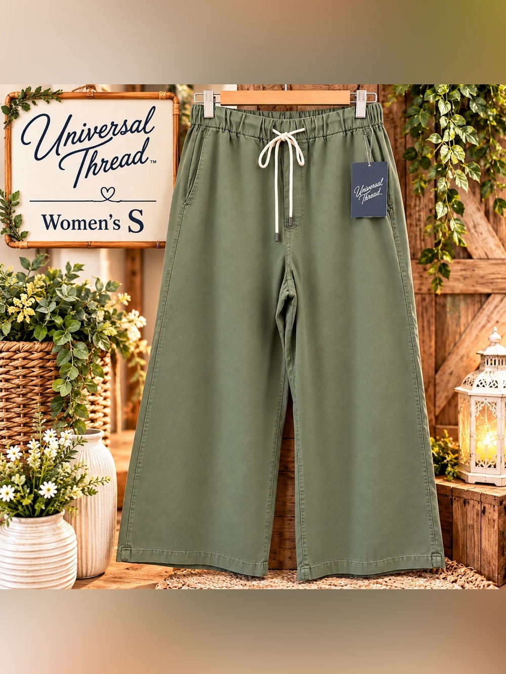 Universal Thread Women'Small High-Rise Wide Leg Pull-On Pants Green Small NWT